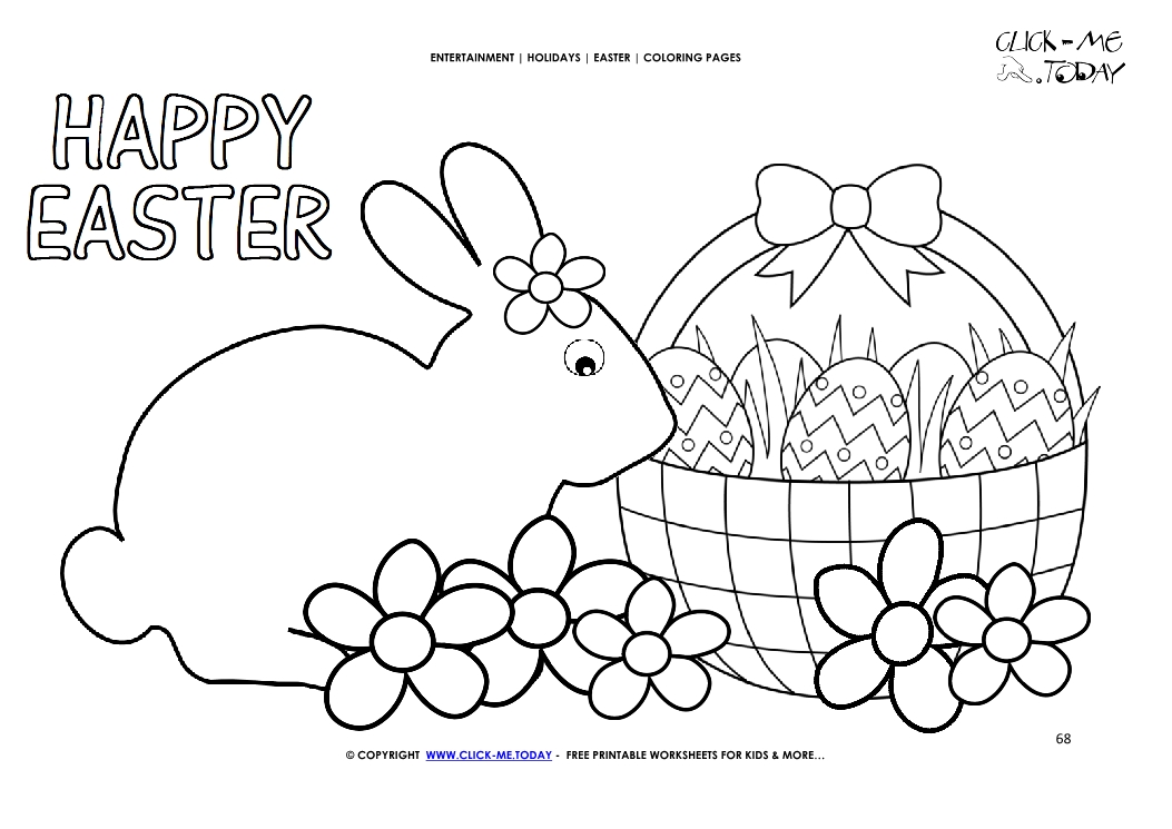 Easter Coloring Page:  68 Happy Easter bunny basket with flowers